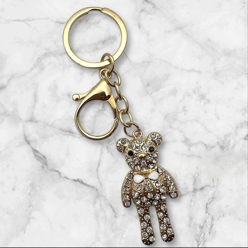Gold Toned Coquette 2” Teddy Bear Keychain with Clear Rhinestones and Bow - Picture 2 of 4
